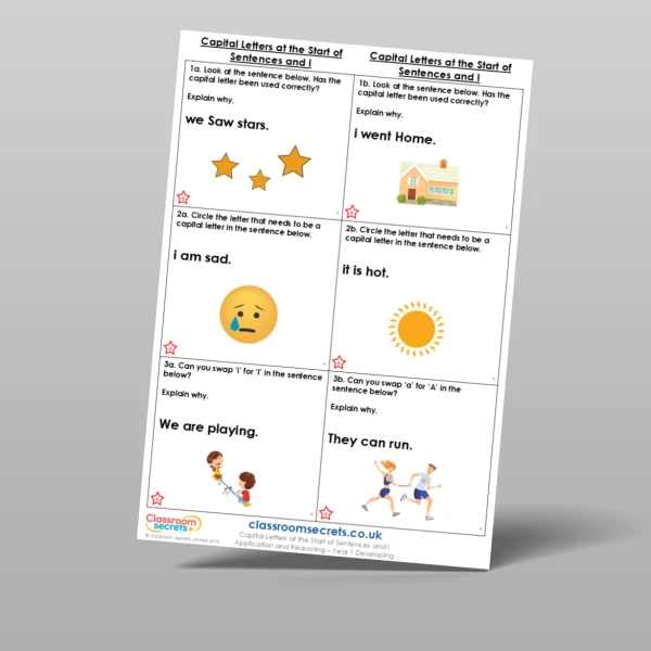 An image of the Capital Letters at the Start of Sentences and I Application and Reasoning Resource