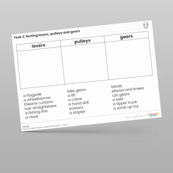 An image of the Sorting Levers, Pulleys and Gears Worksheet Resource