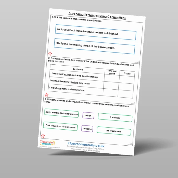 An image of the Expanding Sentences using Conjunctions Homework Resource