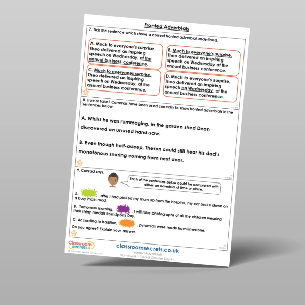 An image of the Fronted Adverbials Homework Resource