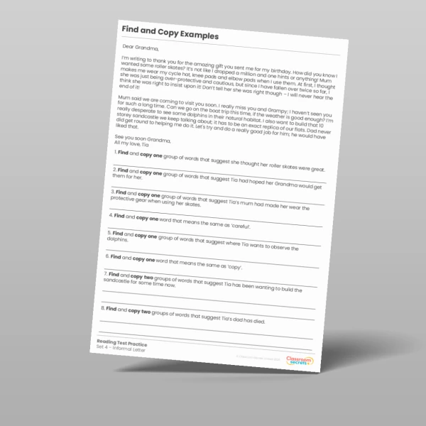 An image of the Find and Copy Examples Reading Test Practice Resource