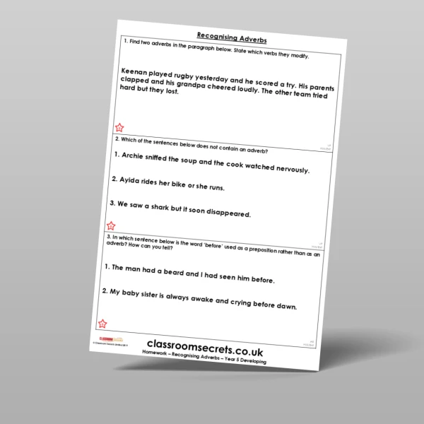 An image of the Free Recognising Adverbs Homework Resource