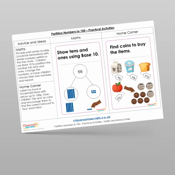 An image of the Partition Numbers to 100 Practical Activities Resource