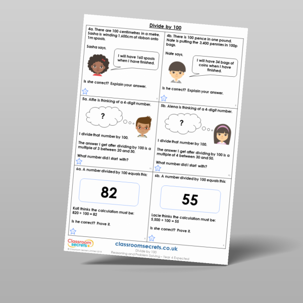Year 4 Divide By 100 Reasoning And Problem Solving Resource | Classroom ...