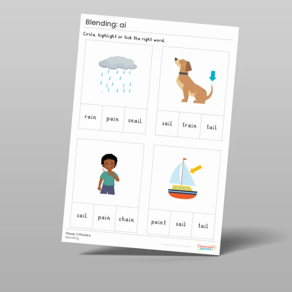 An image of the Phonics Blending Activities: ai Resource