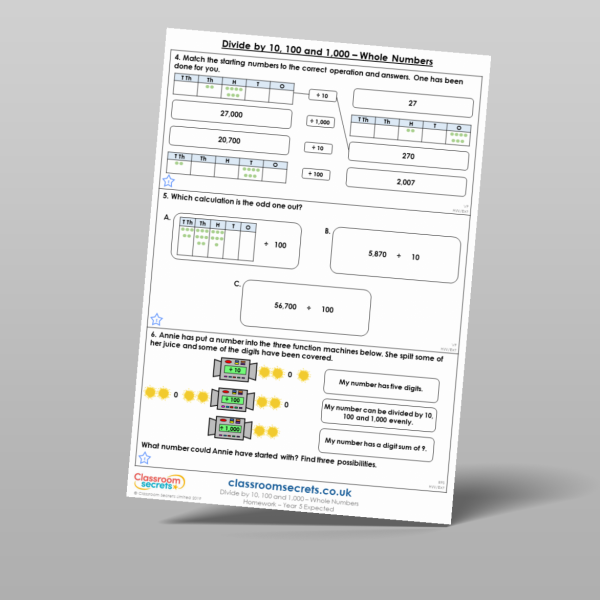 Year 5 Divide By 10 100 And 1 000 Whole Numbers Homework Resource ...