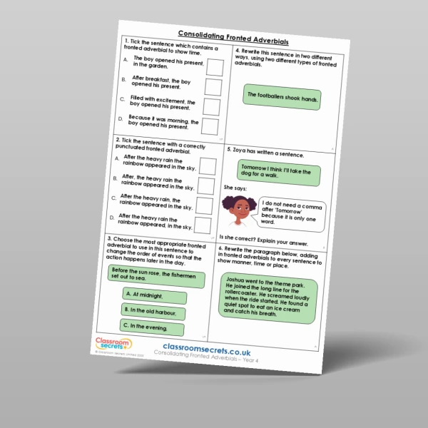 An image of the Consolidating Fronted Adverbials Mixed Activity Resource