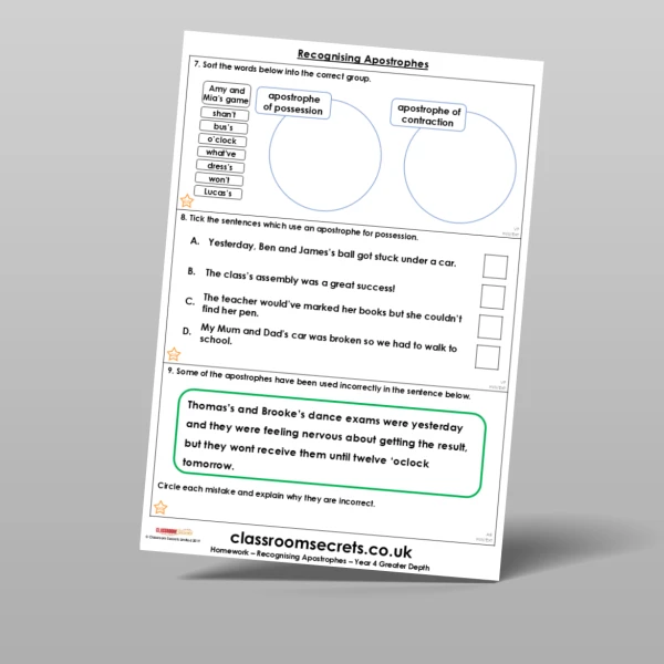 An image of the Free Recognising Apostrophes Homework Resource