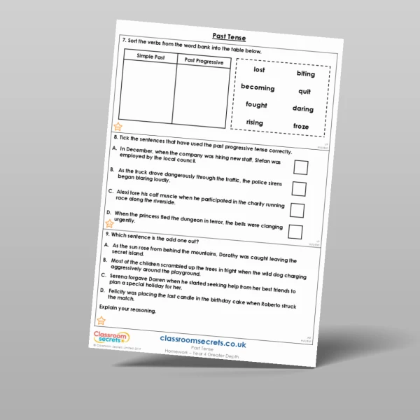 An image of the Past Tense Homework Resource