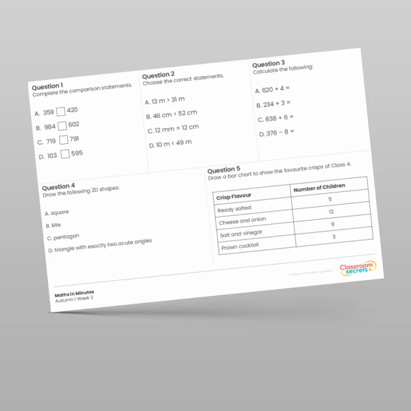 An image of the Autumn 1 Week 2 Maths in Minutes Resource