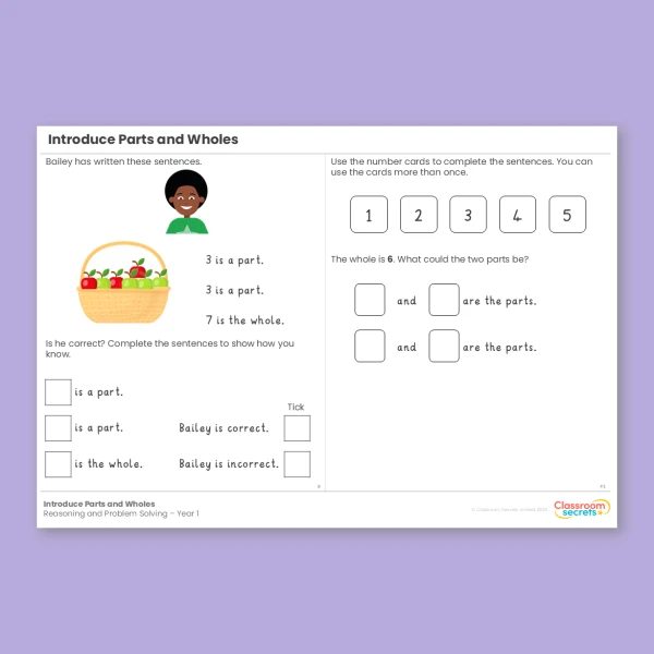 Year 1 Introduce Parts and Wholes Addition and Subtraction within 10 Reasoning and Problem Solving