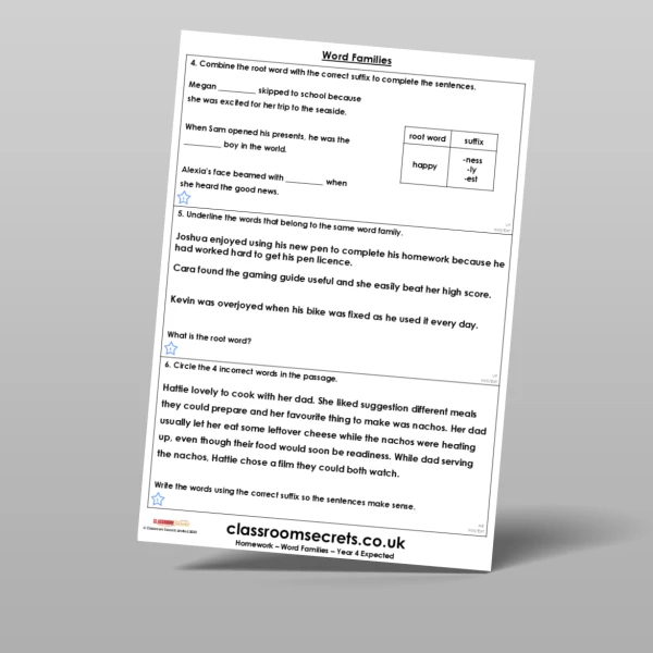 An image of the Word Families Homework Resource
