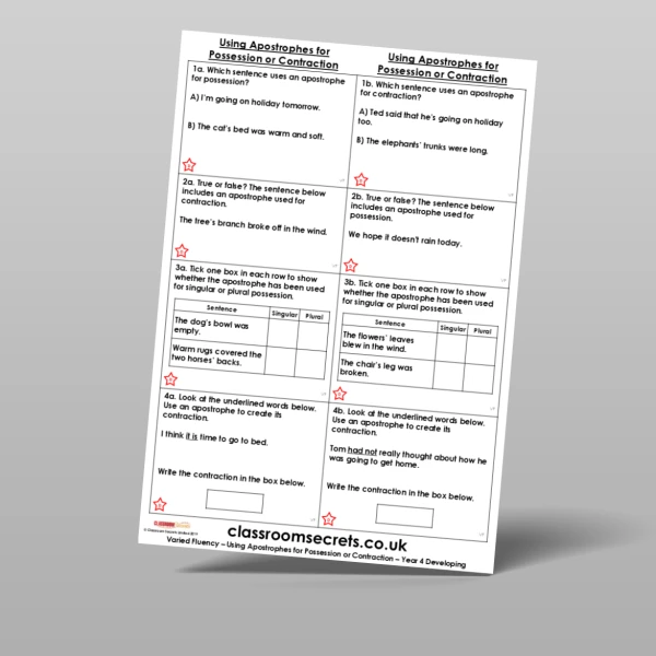 An image of the Using Apostrophes for Possession or Contraction Varied Fluency Resource