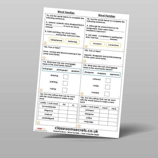 An image of the Free Word Families Varied Fluency Resource