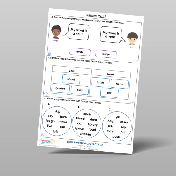 An image of the Noun or Verb? Homework Resource