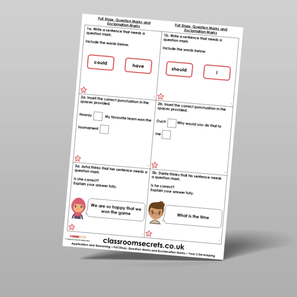 An image of the Full Stops, Question Marks and Exclamation Marks Application and Reasoning Resource