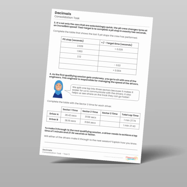 An image of the Decimals Consolidation Task Resource