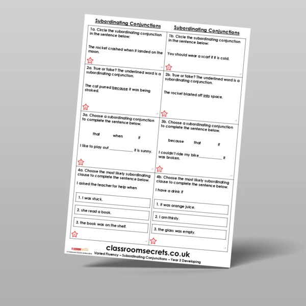 An image of the Subordinating Conjunctions Varied Fluency Resource