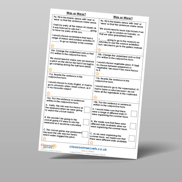 An image of the Free Was or Were? Varied Fluency Resource