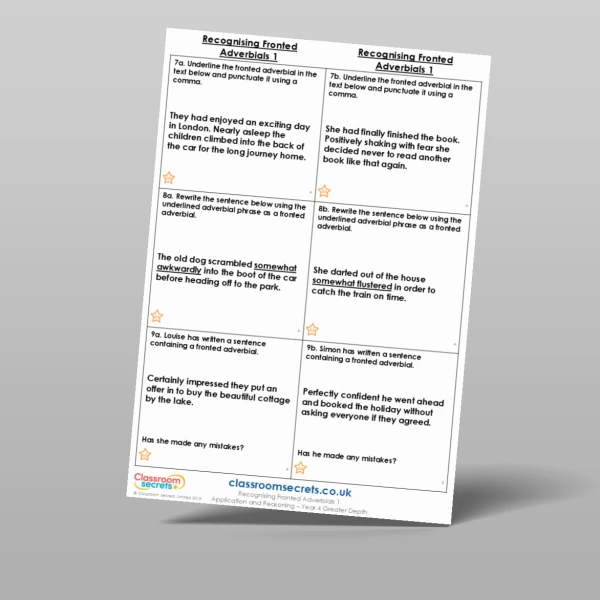 An image of the Recognising Fronted Adverbials 1 Application and Reasoning Resource