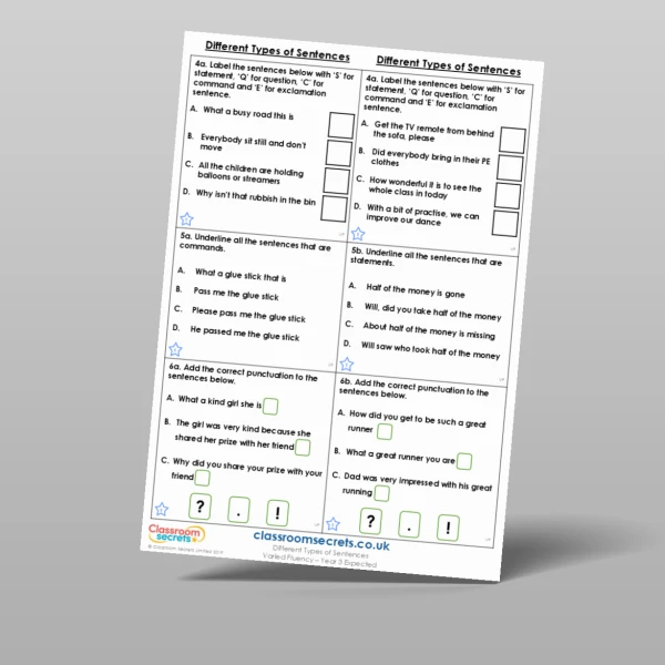 An image of the Different Types of Sentences Varied Fluency Resource