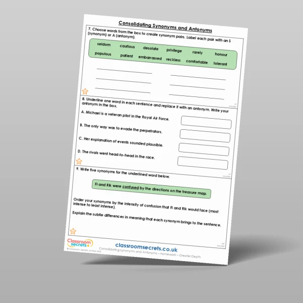 An image of the Consolidating Synonyms and Antonyms Homework Resource