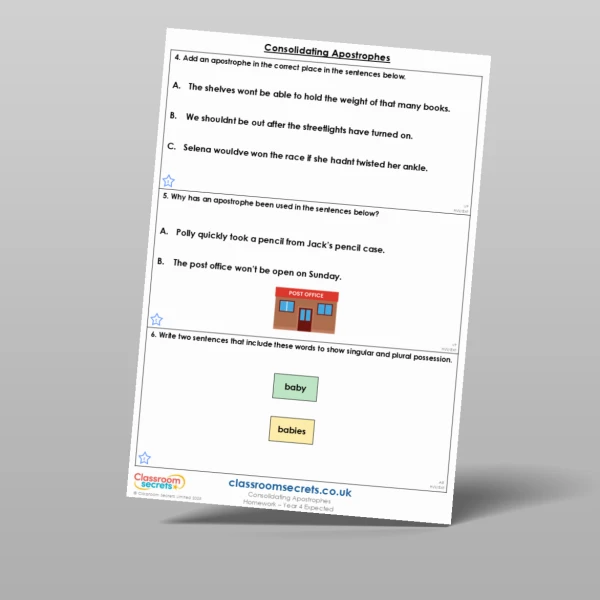 An image of the Consolidating Apostrophes Homework Resource