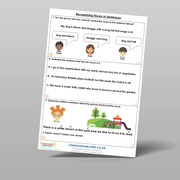 An image of the Recognising Nouns in Sentences Homework Resource