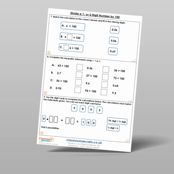 An image of the Divide a 1 or 2-Digit Number by 100 Homework Resource