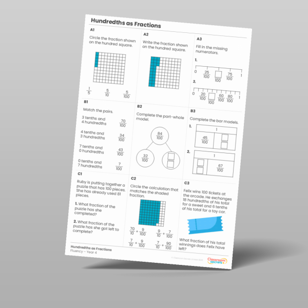 Year 4 Hundredths As Fractions Fluency Matrix Resource | Classroom Secrets