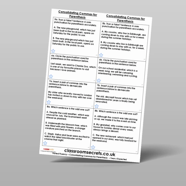 An image of the Consolidating Commas for Parenthesis Varied Fluency Resource