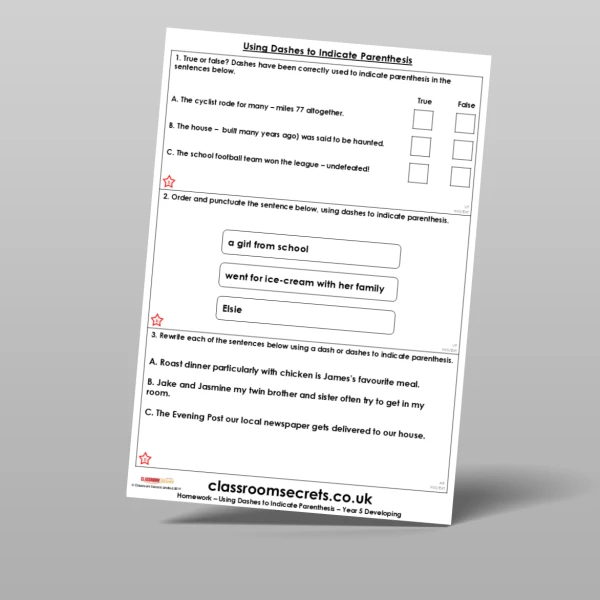 An image of the Using Dashes to Indicate Parenthesis Homework Resource