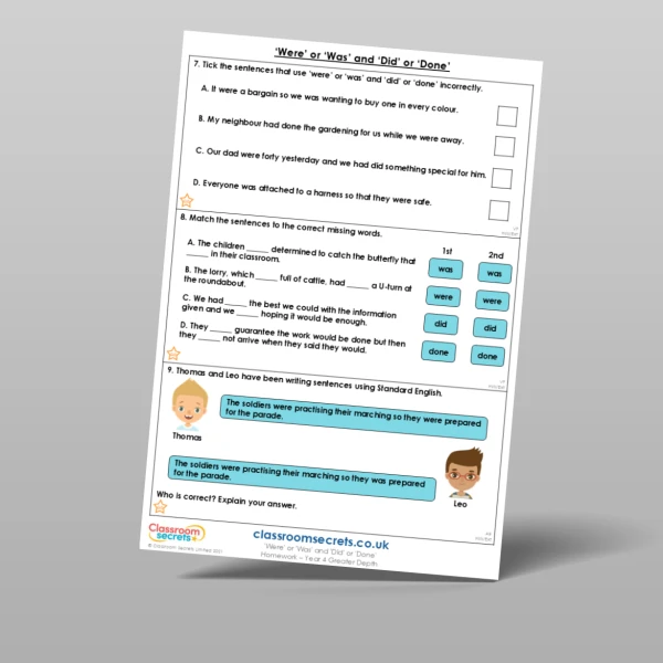 An image of the Free 'Were' or 'Was' and 'Did' or 'Done' Homework Resource