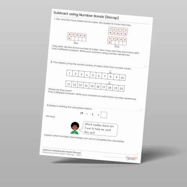 An image of the Subtract using Number Bonds (Recap) Reasoning and Problem Solving Resource