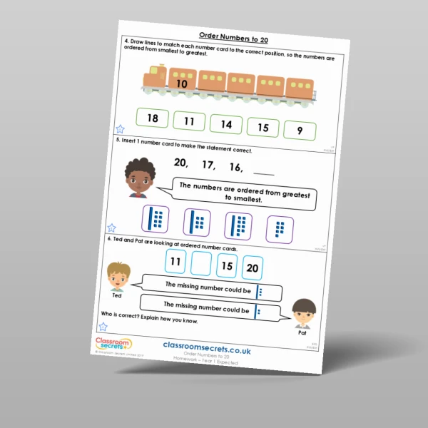An image of the Order Numbers to 20 Homework Resource