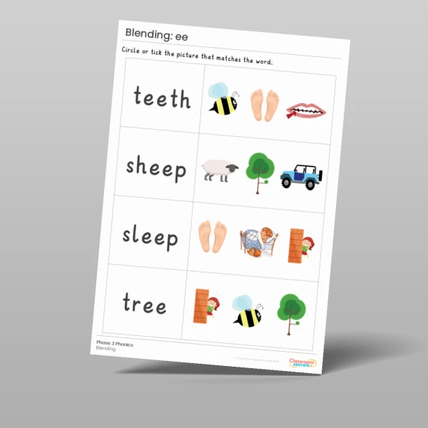 An image of the Phonics Blending Activities: ee Resource