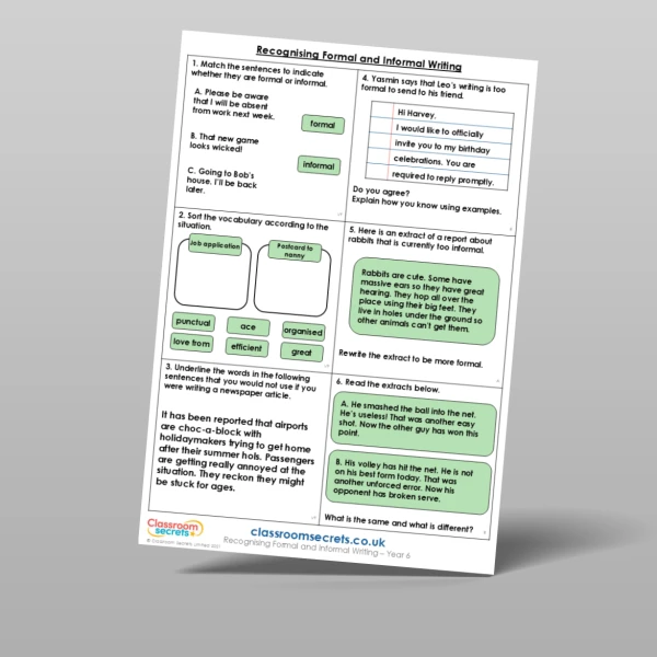 An image of the Recognising Formal and Informal Writing Mixed Activity Resource