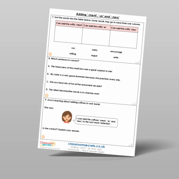 An image of the Adding '-ment', '-er' and '-ness' Homework Resource