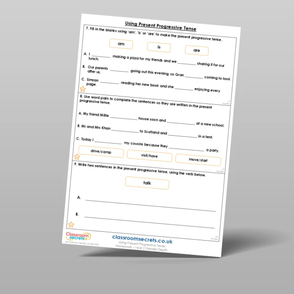 An image of the Using Present Progressive Tense Homework Resource