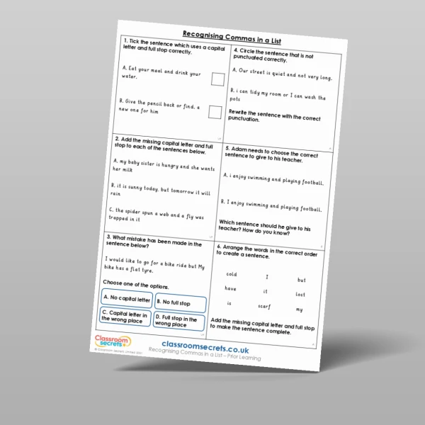 An image of the Recognising Commas in a List Prior Learning Resource