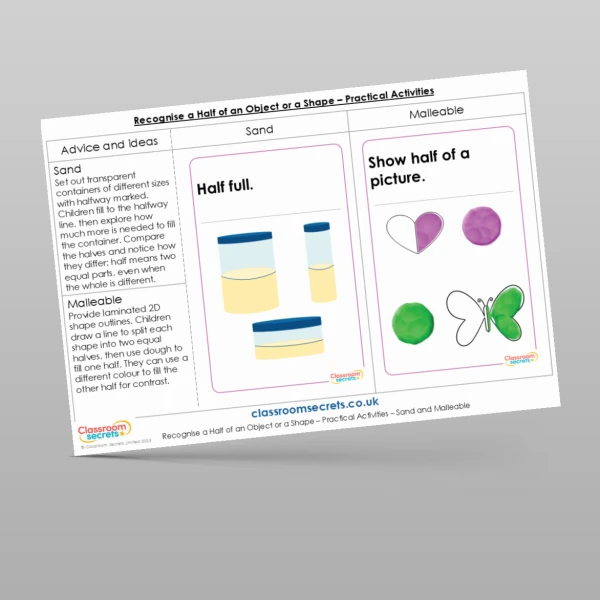 An image of the Recognise a Half of an Object or a Shape Practical Activities Resource