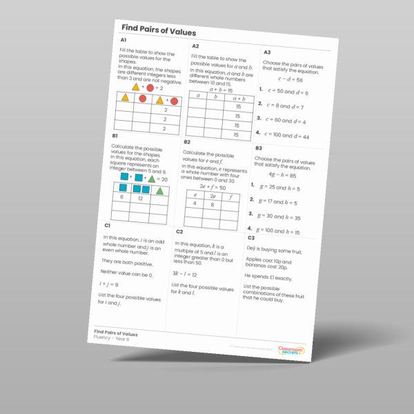 Values Matrix Worksheet Year 6 Find Pairs Of Values 2 Fluency Matrix Resource | Classroom Secrets