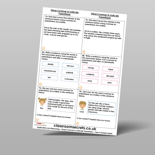 An image of the Using Commas to Indicate Parenthesis Application and Reasoning Resource