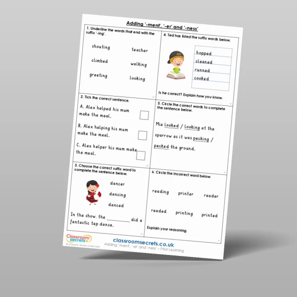 An image of the Adding '-ment', '-er' and '-ness' Prior Learning Resource