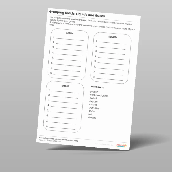 An image of the Grouping Solids, Liquids and Gases Resource