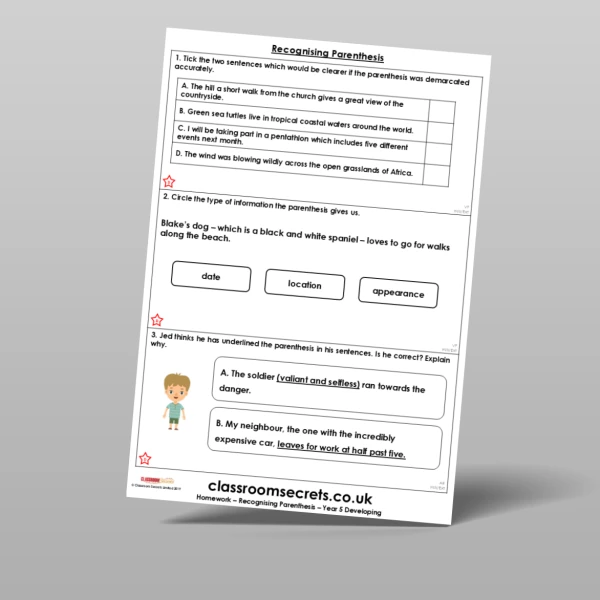 An image of the Free Recognising Parenthesis Homework Resource