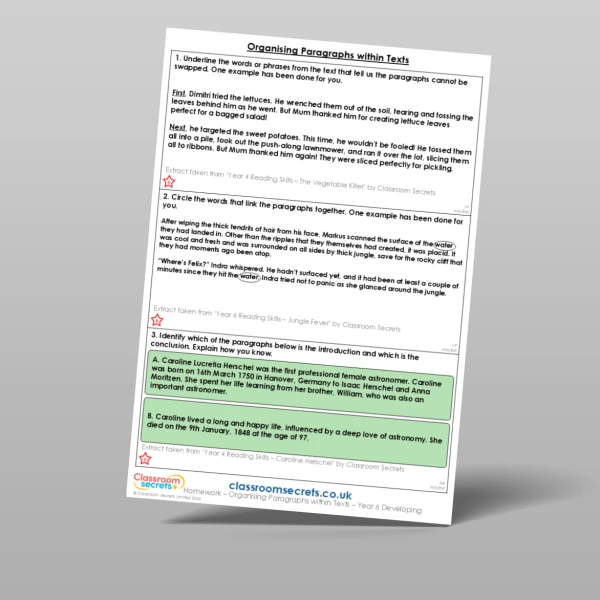 An image of the Organising Paragraphs within Texts Homework Resource