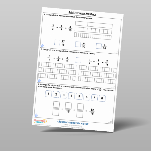 Year 5 Add 3 Or More Fractions Homework Resource | Classroom Secrets