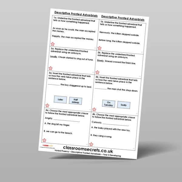 An image of the Descriptive Fronted Adverbials Varied Fluency Resource