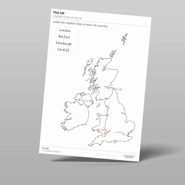 An image of the Capital Cities of the UK Geography Worksheet Resource